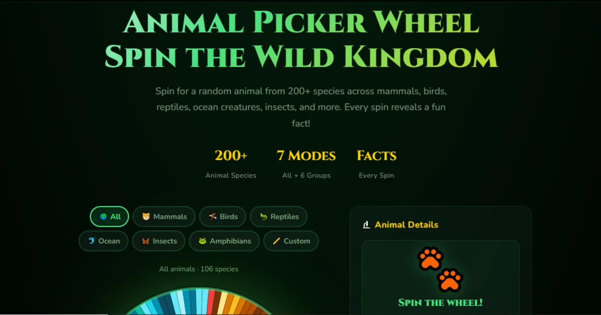 Animal Picker Wheel – Free Random Animal Generator | 200+ Species ...